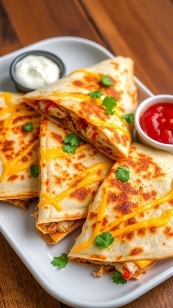 Crispy chicken quesadillas served with salsa and sour cream on a rustic wooden table.